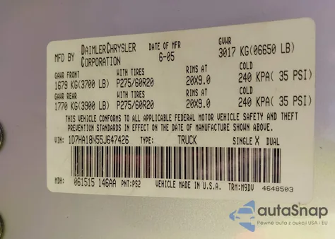 2005 Dodge Ram 1500 Slt/Laramie из США, поврежденный, VIN 1D7HA18N55J647426